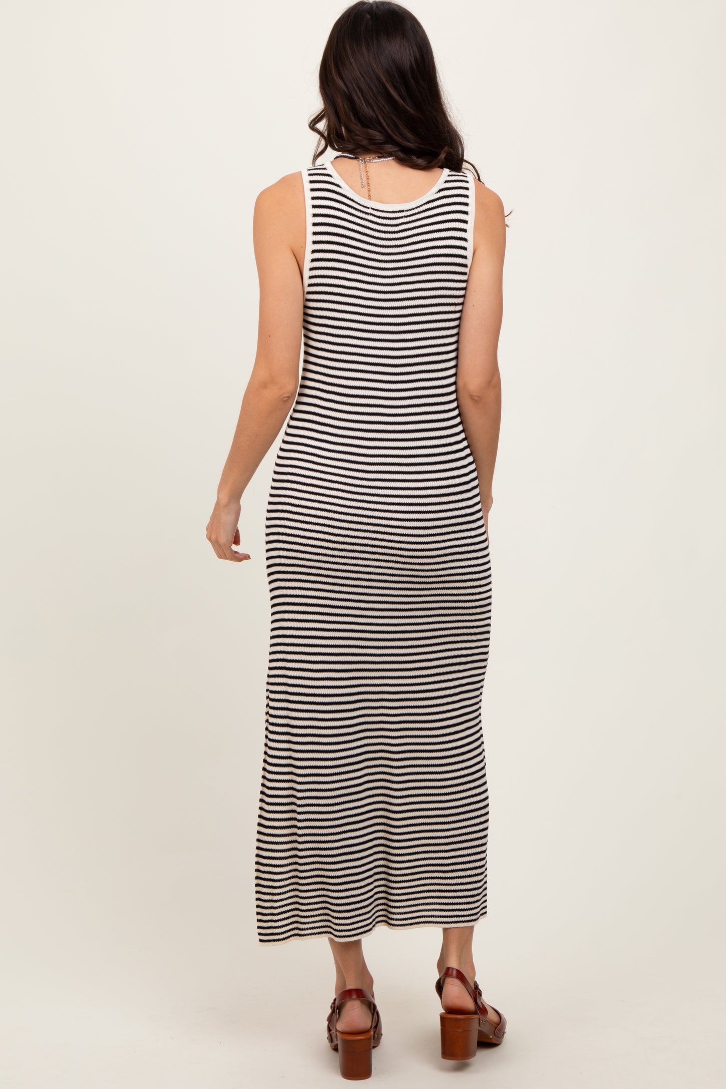 Black Striped Sleeveless Side Slit Midi Dress