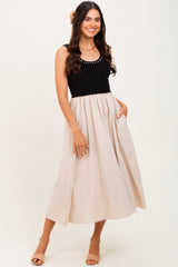Black Ribbed Top Contrast Sleeveless Midi Dress