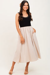 Black Ribbed Top Contrast Sleeveless Midi Dress
