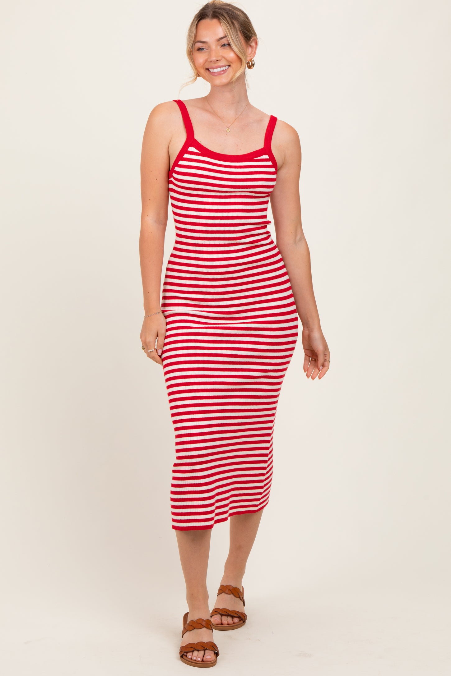 Red Striped Knit Sleeveless Midi Dress