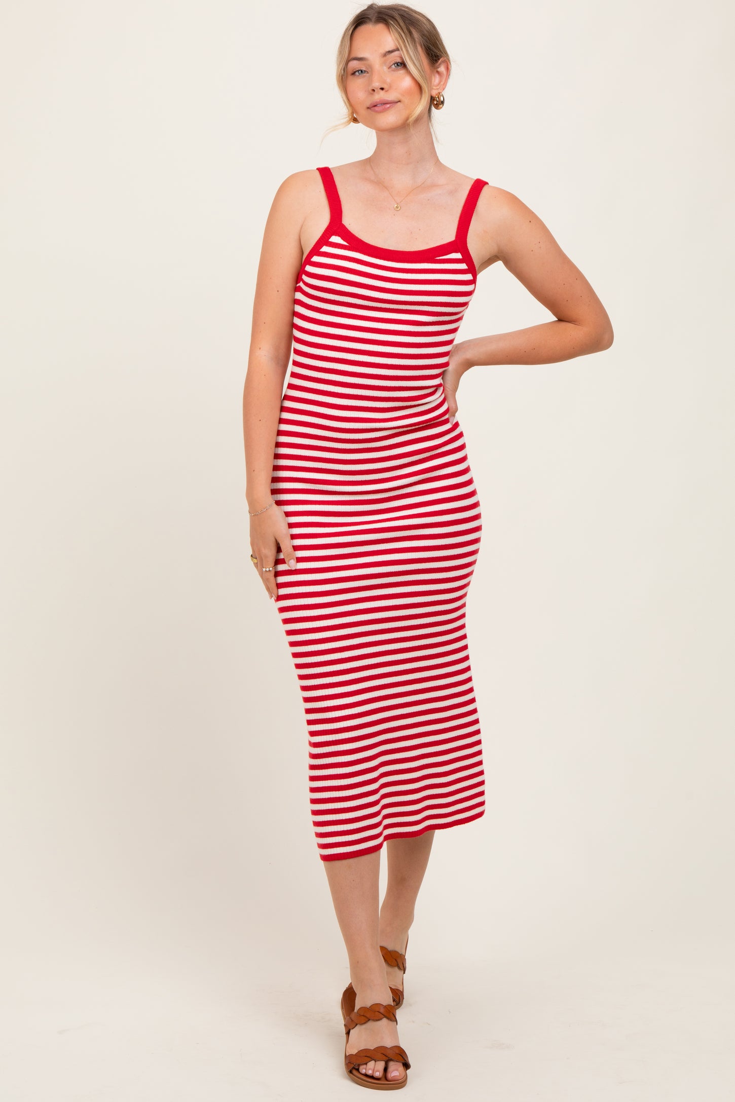 striped knit sleeveless dress Striped knit maxi dress Ecru For Women