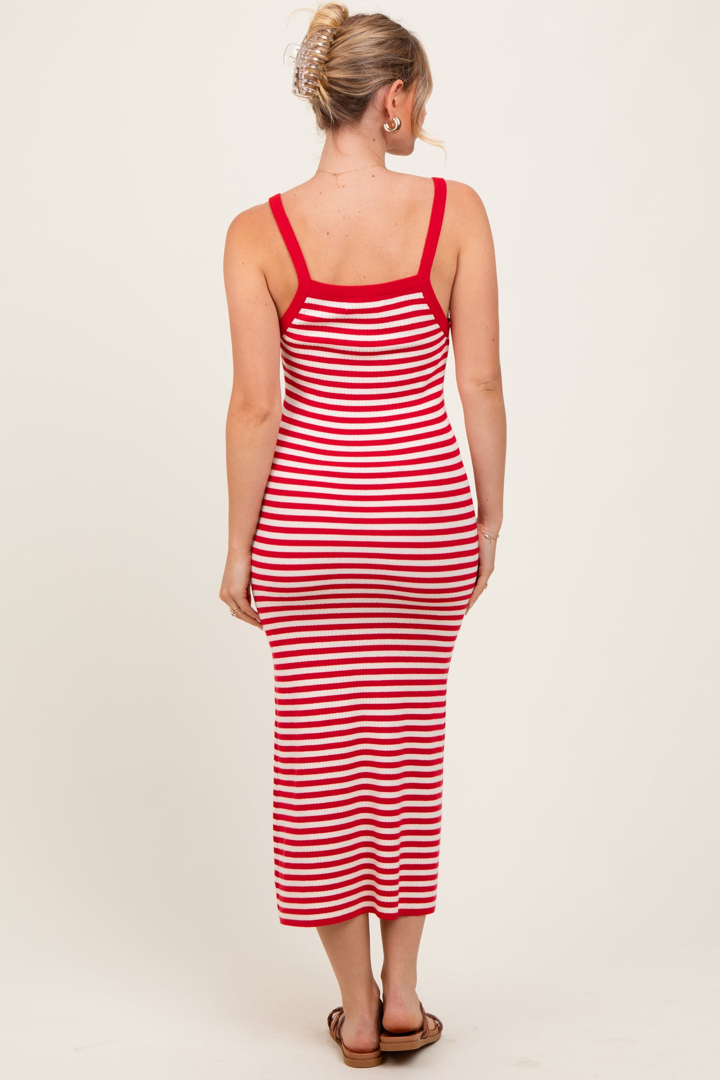 Red Striped Knit Sleeveless Midi Dress