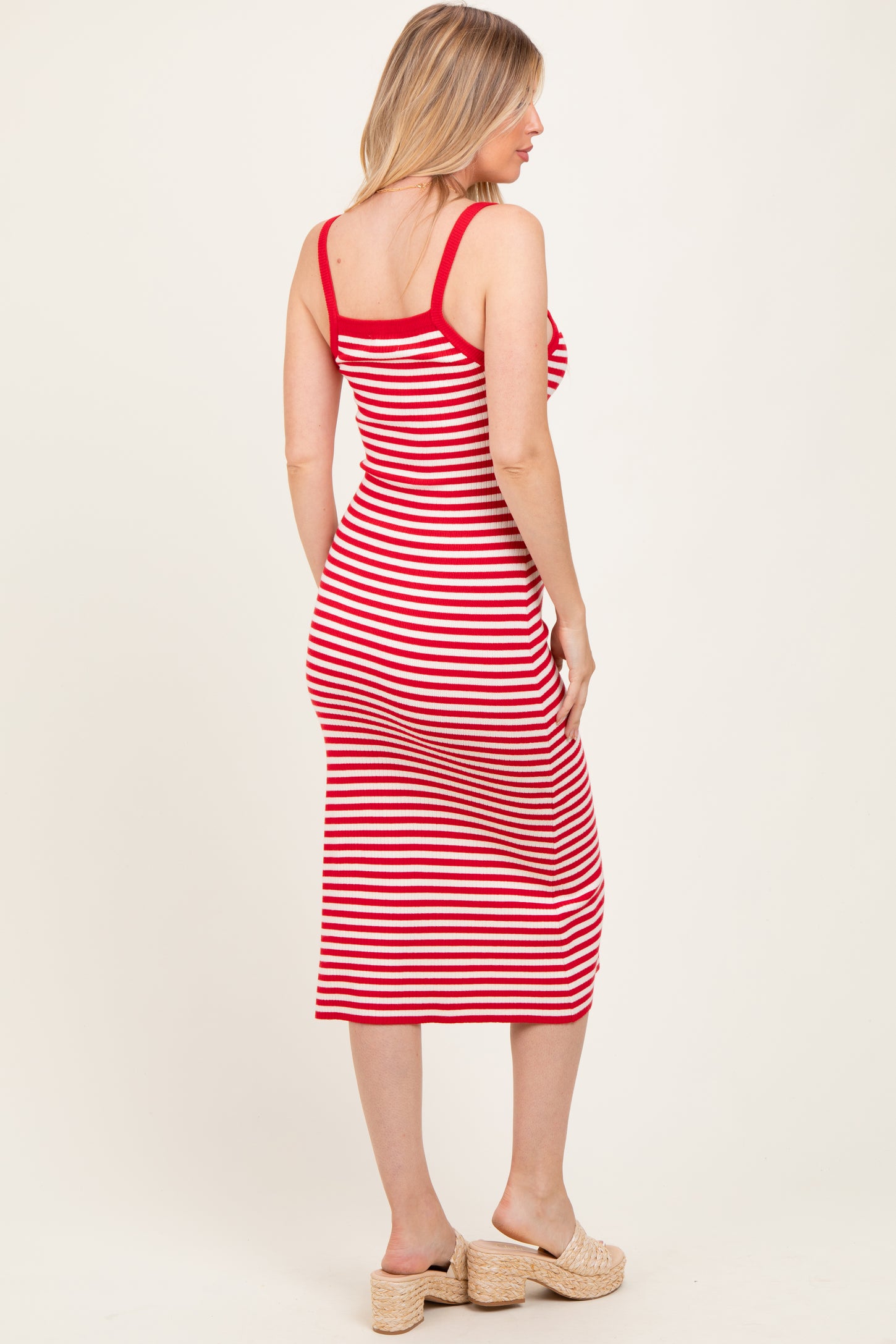 Red Striped Knit Sleeveless Maternity Midi Dress