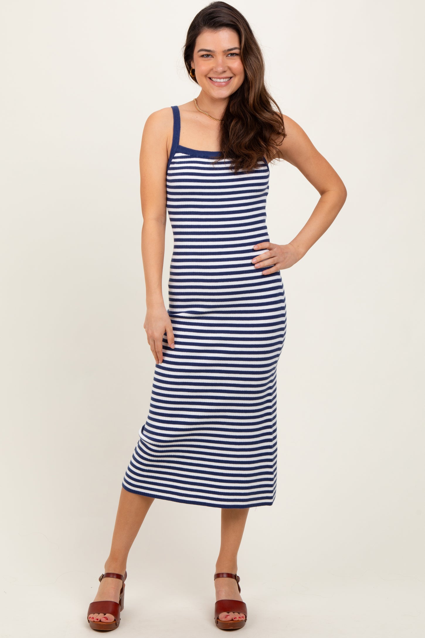 Navy Striped Knit Sleeveless Midi Dress