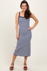 Navy Striped Knit Sleeveless Midi Dress