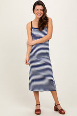 Navy Striped Knit Sleeveless Midi Dress