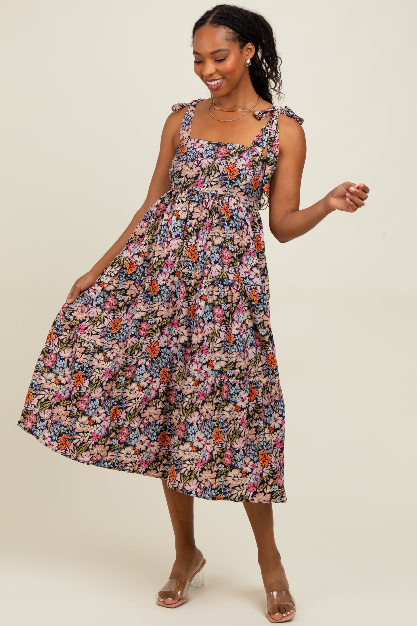 Navy Floral Shoulder Tie Midi Dress PinkBlush Navy Floral Shoulder Tie Midi Dress PinkBlush