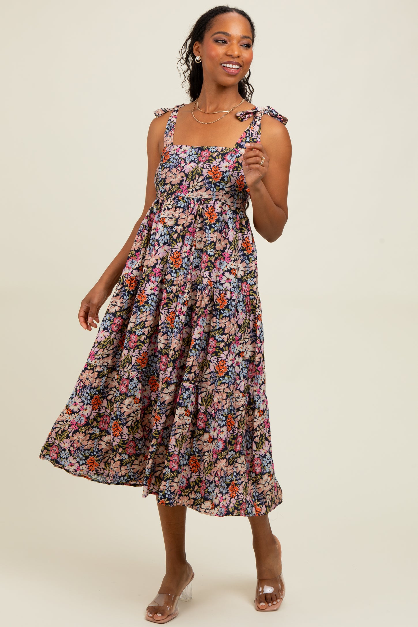 Navy Floral Shoulder Tie Midi Dress PinkBlush Navy Floral Shoulder Tie Midi Dress PinkBlush