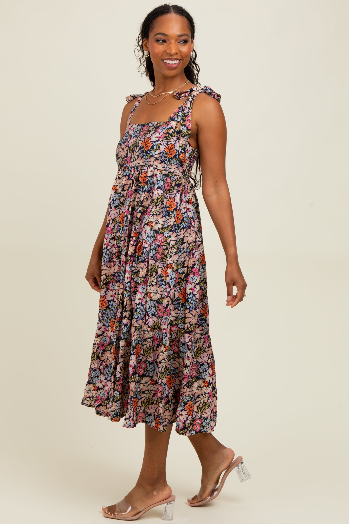 Navy Floral Shoulder Tie Midi Dress