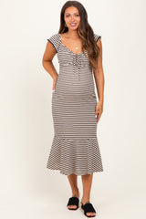 Beige Striped Front Tie Lace Trim Fitted Maternity Midi Dress