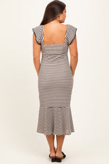 Beige Striped Front Tie Lace Trim Fitted Maternity Midi Dress