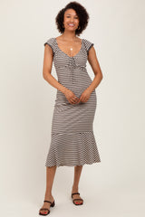 Beige Striped Front Tie Lace Trim Fitted Midi Dress