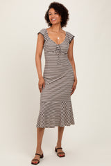 Beige Striped Front Tie Lace Trim Fitted Midi Dress