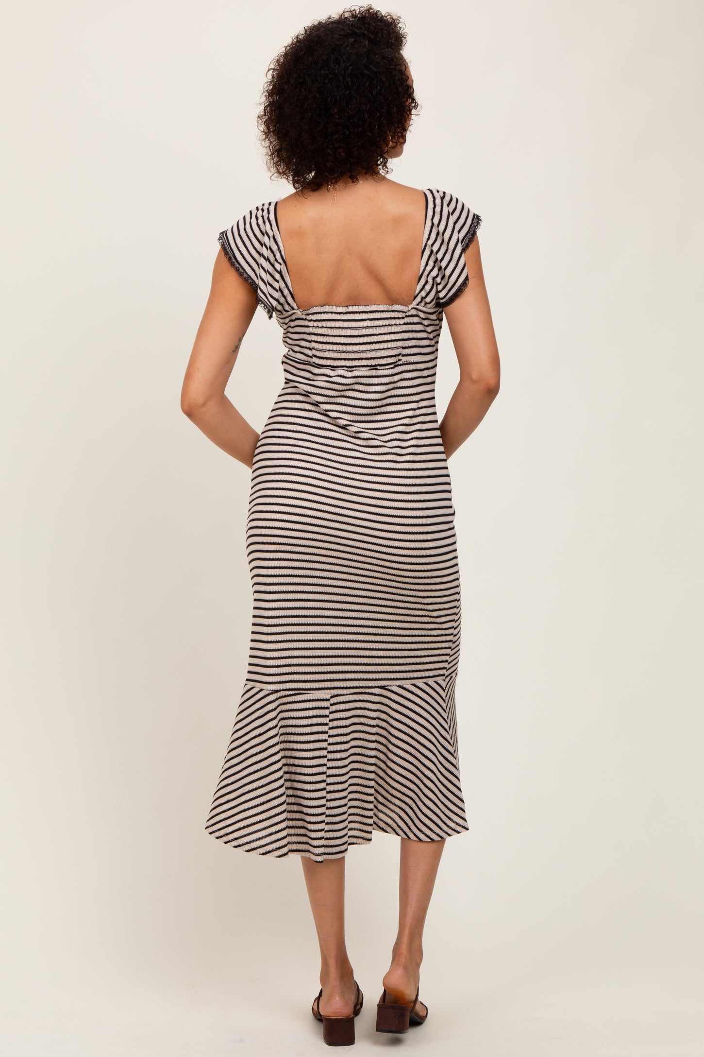 Beige Striped Front Tie Lace Trim Fitted Midi Dress