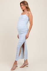 Light Blue Ruffle Tiered Fitted Maternity Maxi Dress