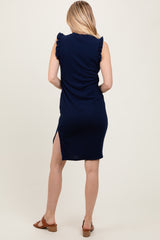 Navy Ruffle Sleeve Textured Midi Dress