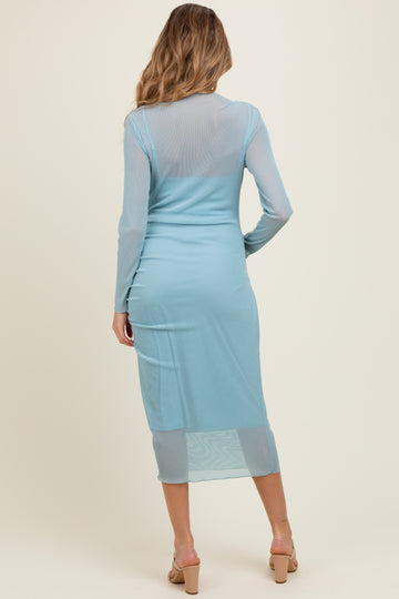 Light Blue Shimmer Mesh Long Sleeve Ruched Maternity Midi Dress