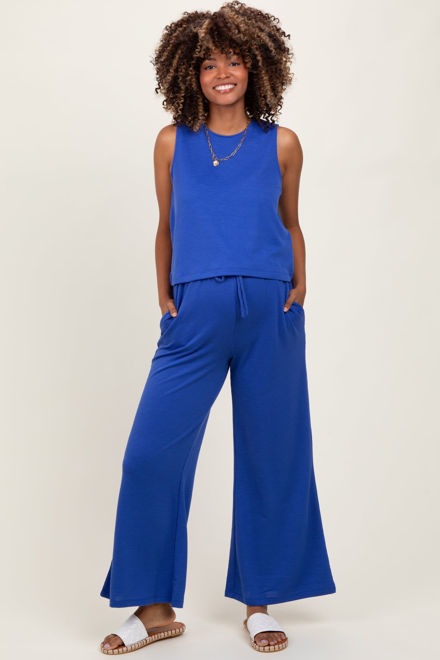 Royal Blue Sleeveless Top And Wide Leg Pants Maternity Set