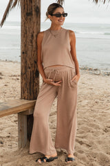 Taupe Sleeveless Top And Wide Leg Pants Maternity Set