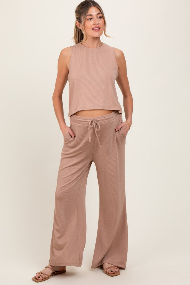 Taupe Sleeveless Top And Wide Leg Pants Maternity Set
