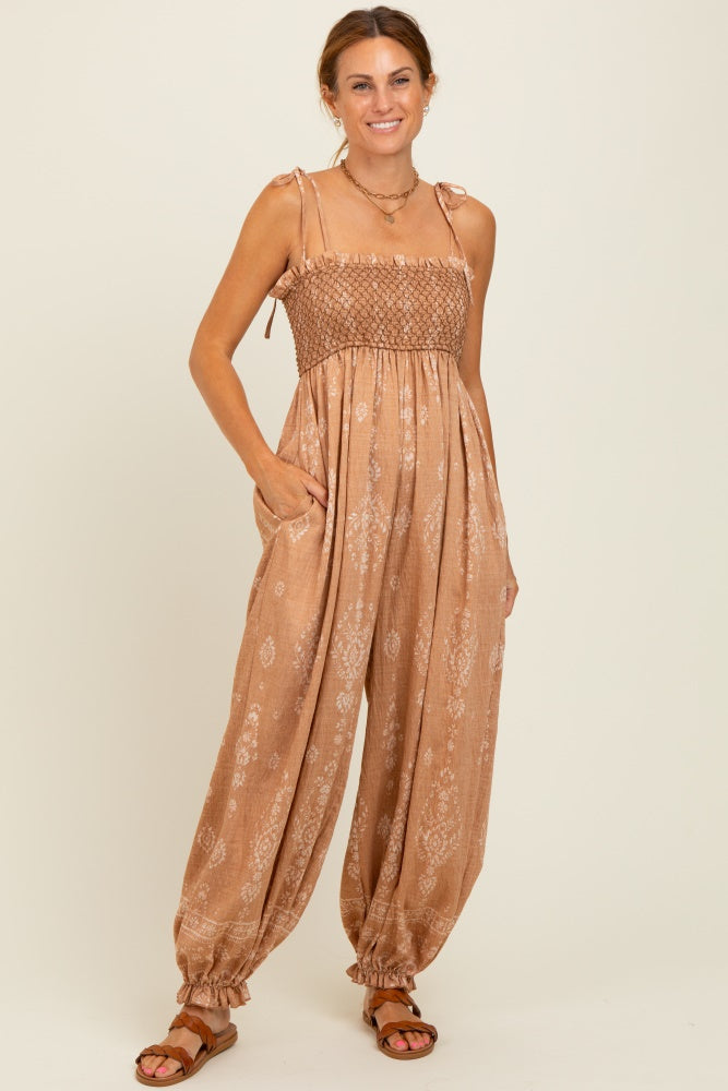 Camel Printed Smocked Shoulder Tie Maternity Jumpsuit