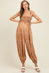 Camel Printed Smocked Shoulder Tie Maternity Jumpsuit