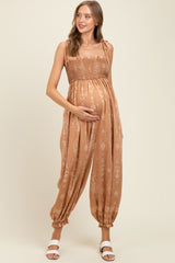 Camel Printed Smocked Shoulder Tie Maternity Jumpsuit