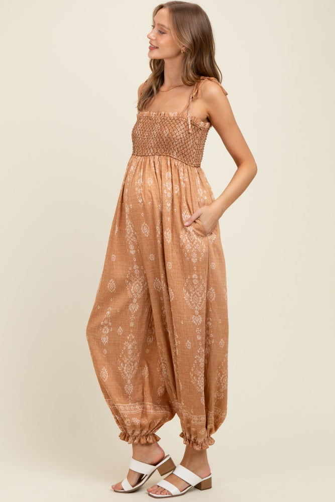 Camel Printed Smocked Shoulder Tie Maternity Jumpsuit