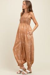 Camel Printed Smocked Shoulder Tie Maternity Jumpsuit