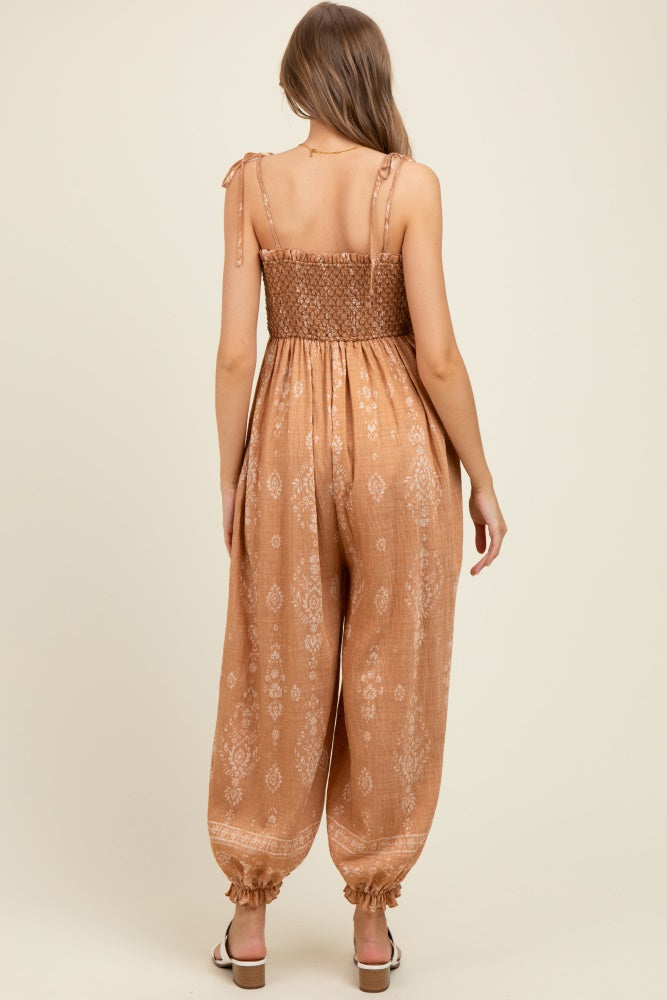 Camel Printed Smocked Shoulder Tie Maternity Jumpsuit