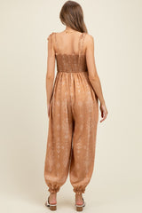 Camel Printed Smocked Shoulder Tie Maternity Jumpsuit