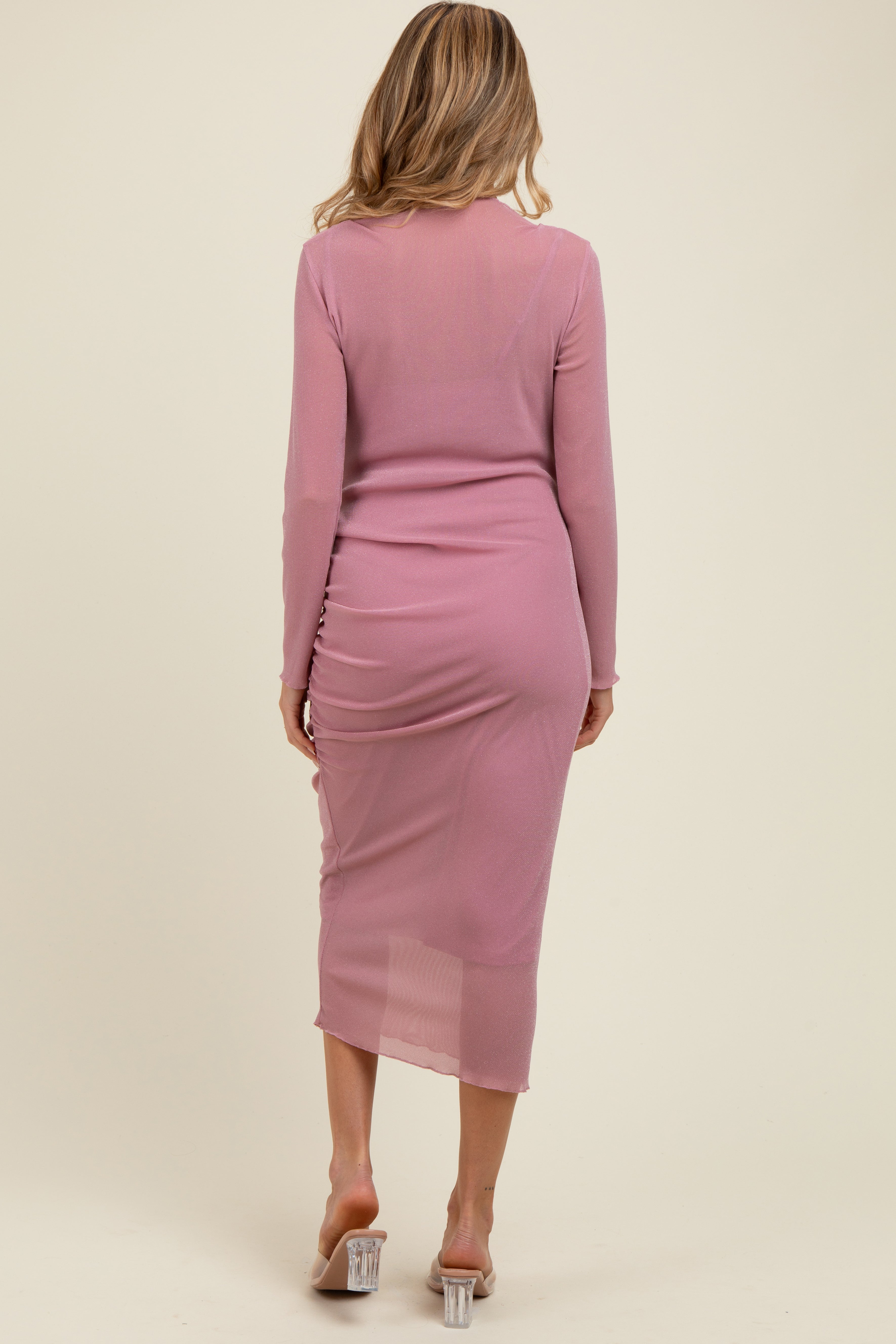 long sleeve midi dress pink Pink Shimmer Mesh Long Sleeve Ruched Maternity Midi Dress