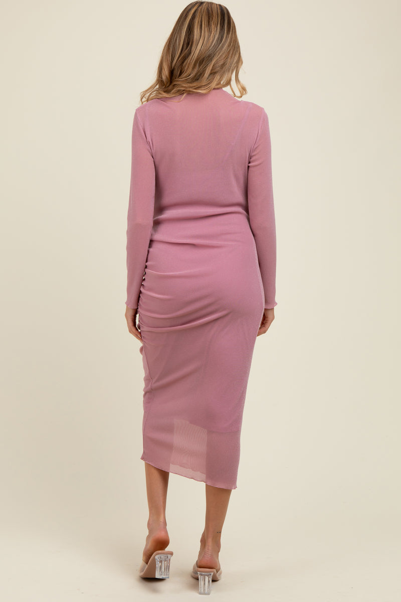 Pink Shimmer Mesh Long Sleeve Ruched Maternity Midi Dress Pink Shimmer Mesh Long Sleeve Ruched Maternity Midi Dress