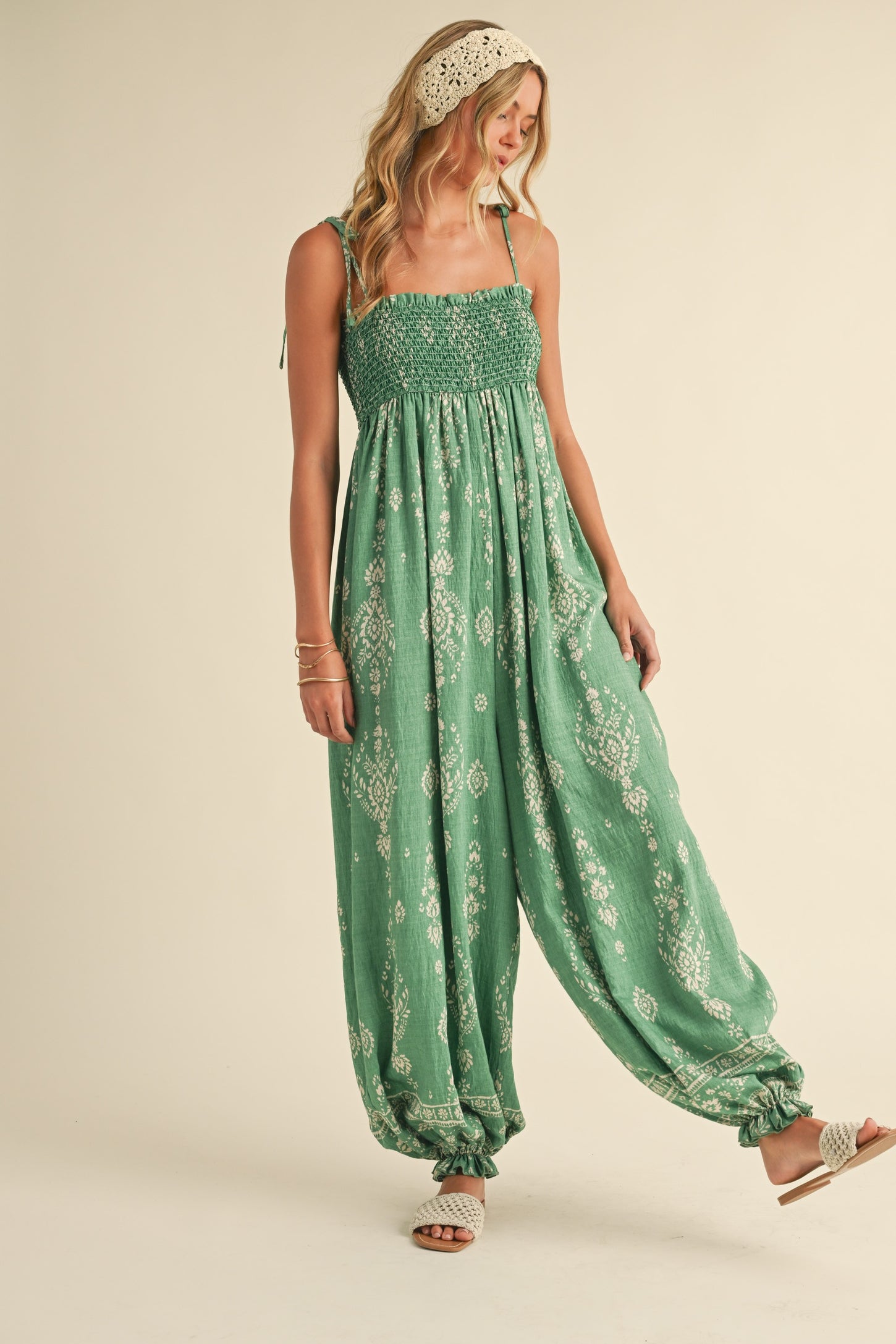 Green Printed Smocked Shoulder Tie Maternity Jumpsuit