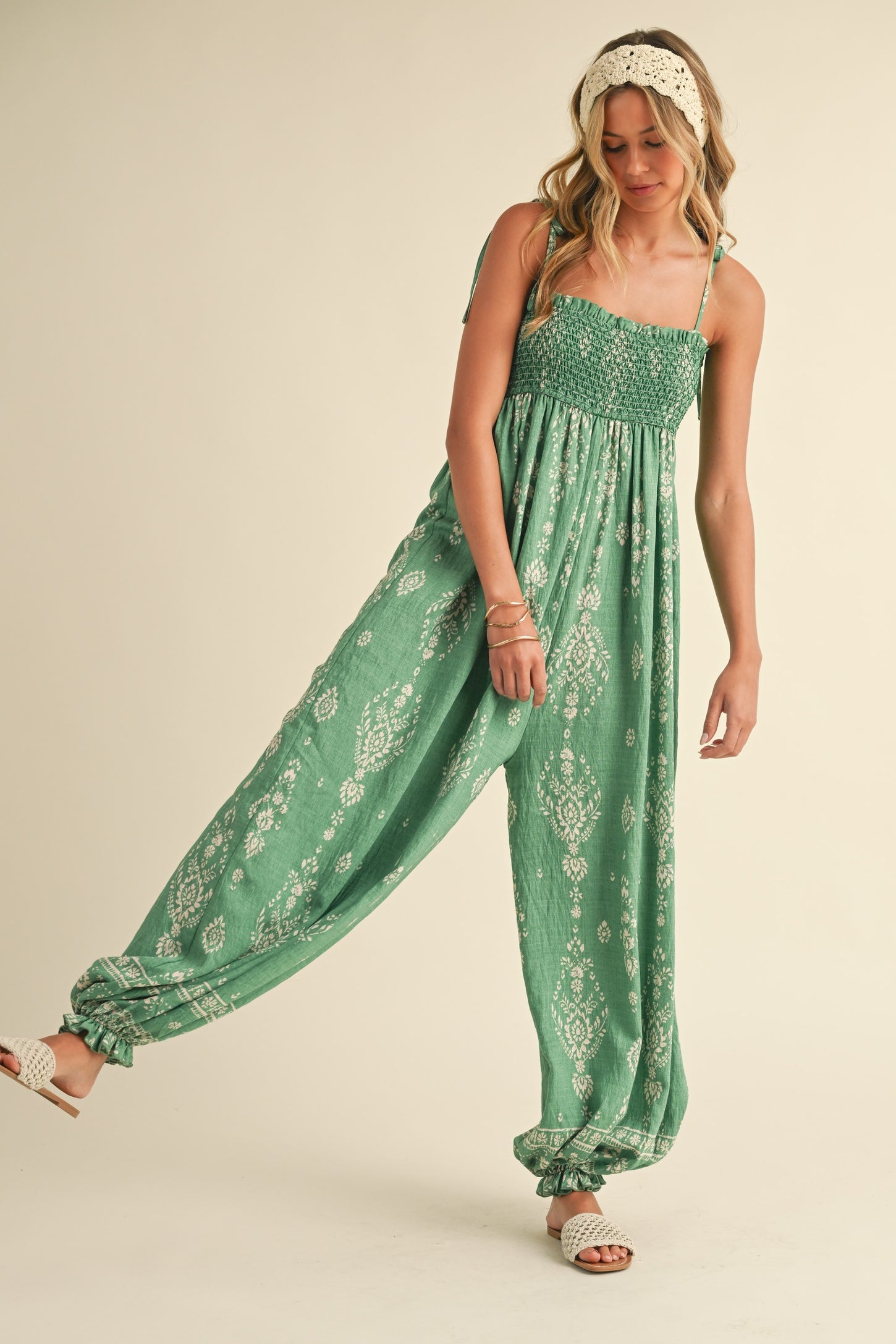 Green Printed Smocked Shoulder Tie Jumpsuit
