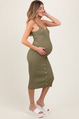 Olive Sleeveless Button Accent Knit Maternity Midi Dress