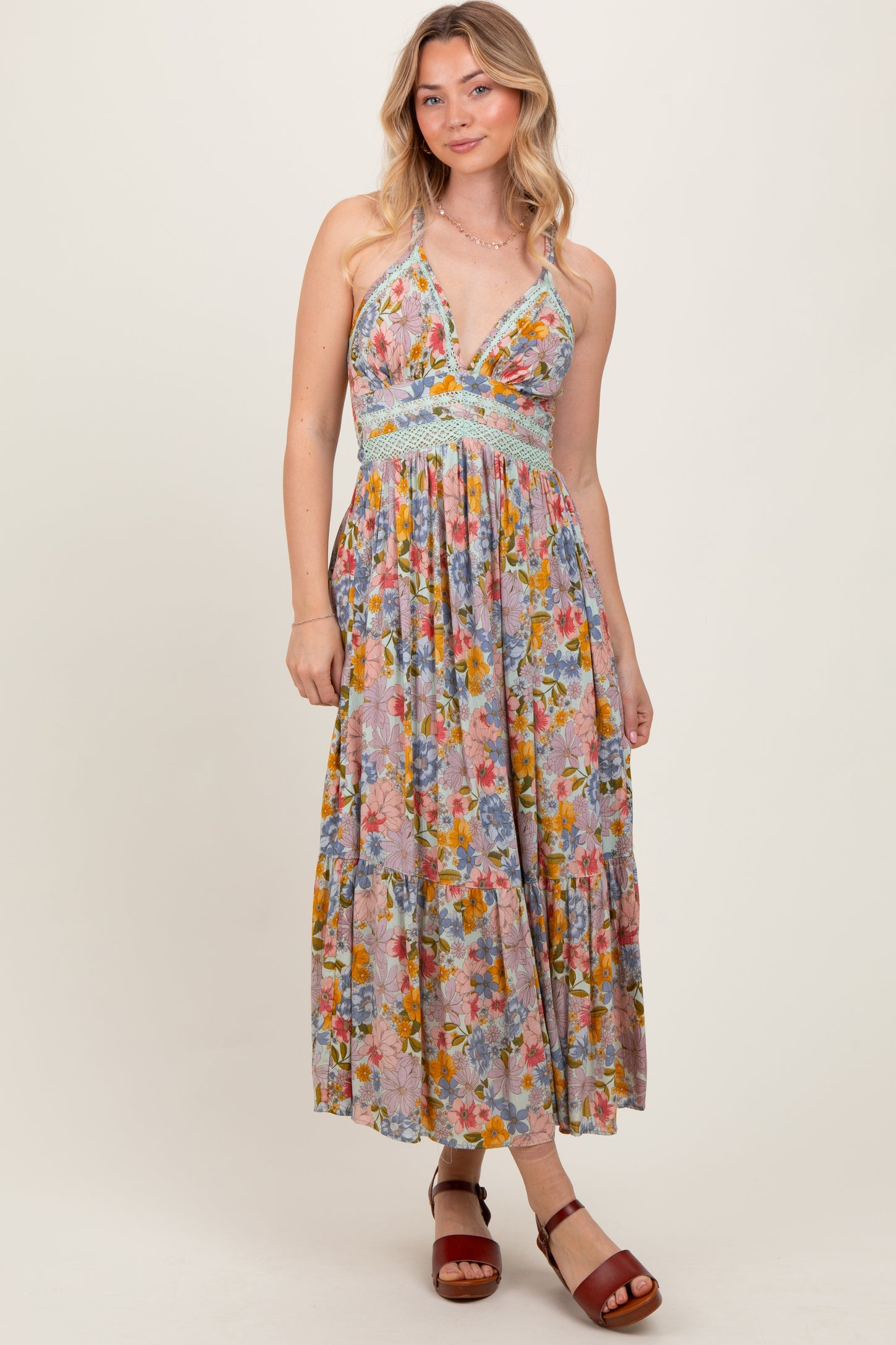Muticolor Floral Double Strap Lace Trim Maternity Midi Dress