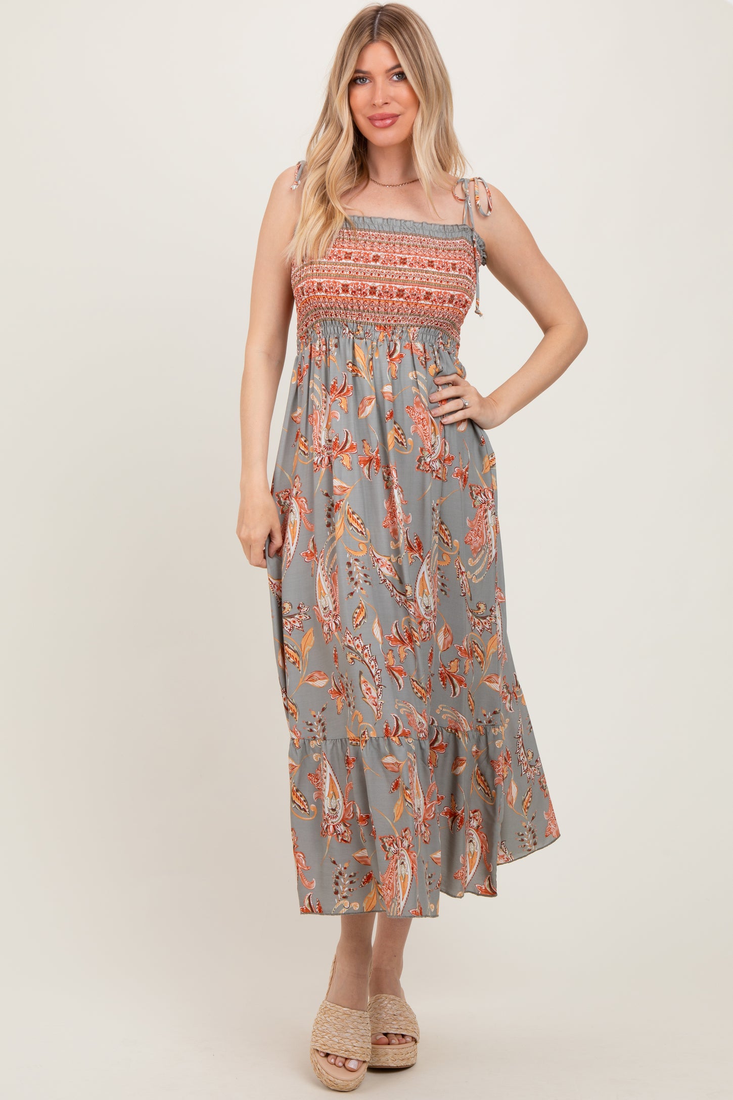 Olive Paisley Shoulder Tie Smocked Maternity Maxi Dress