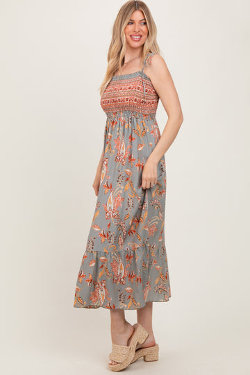 Olive Paisley Shoulder Tie Smocked Maxi Dress