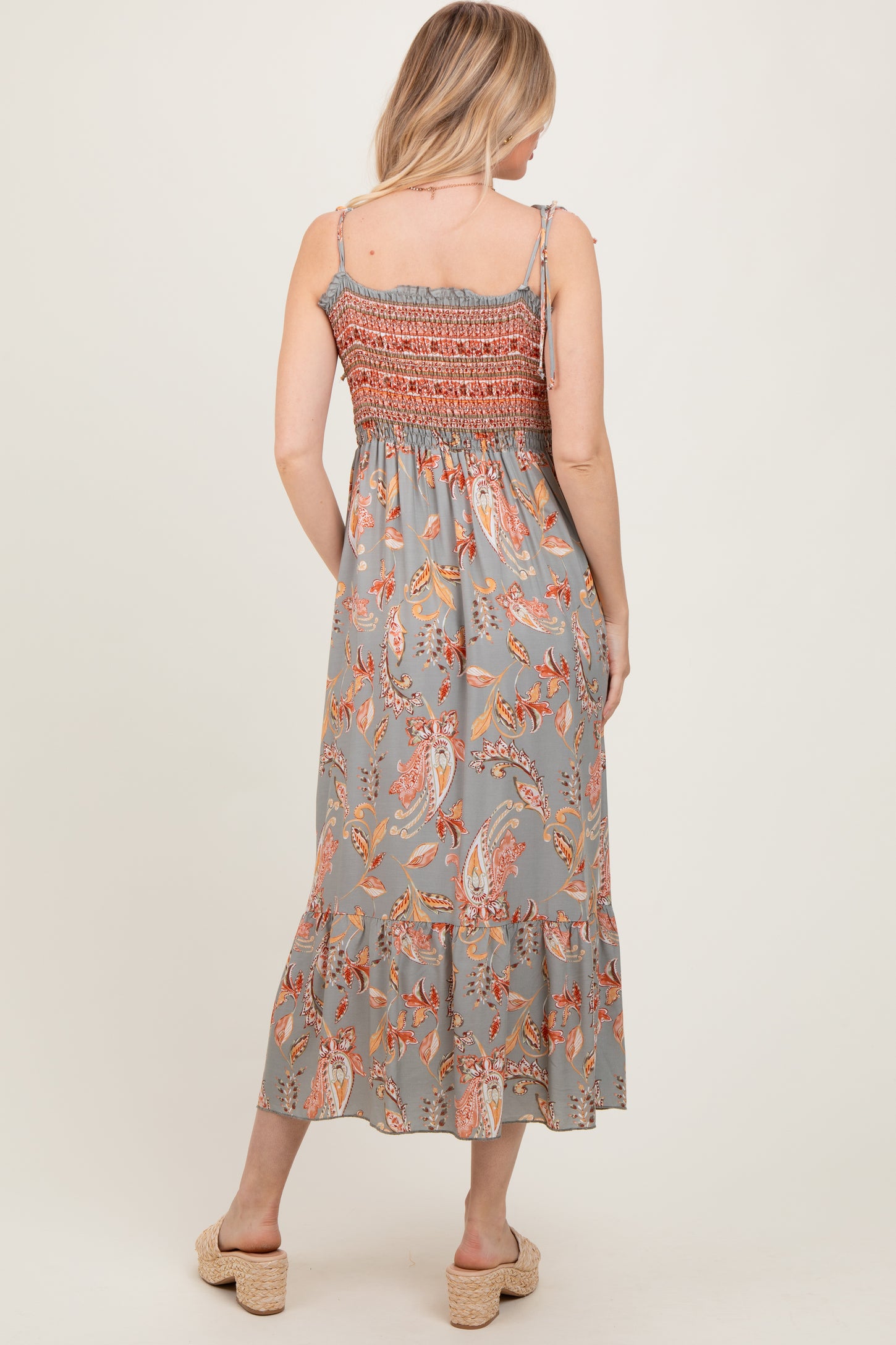 Olive Paisley Shoulder Tie Smocked Maxi Dress