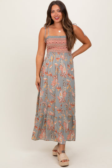 Olive Paisley Shoulder Tie Smocked Maternity Maxi Dress