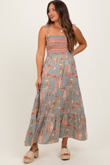 Olive Paisley Shoulder Tie Smocked Maternity Maxi Dress