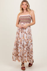 Ivory Paisley Shoulder Tie Smocked Maxi Dress