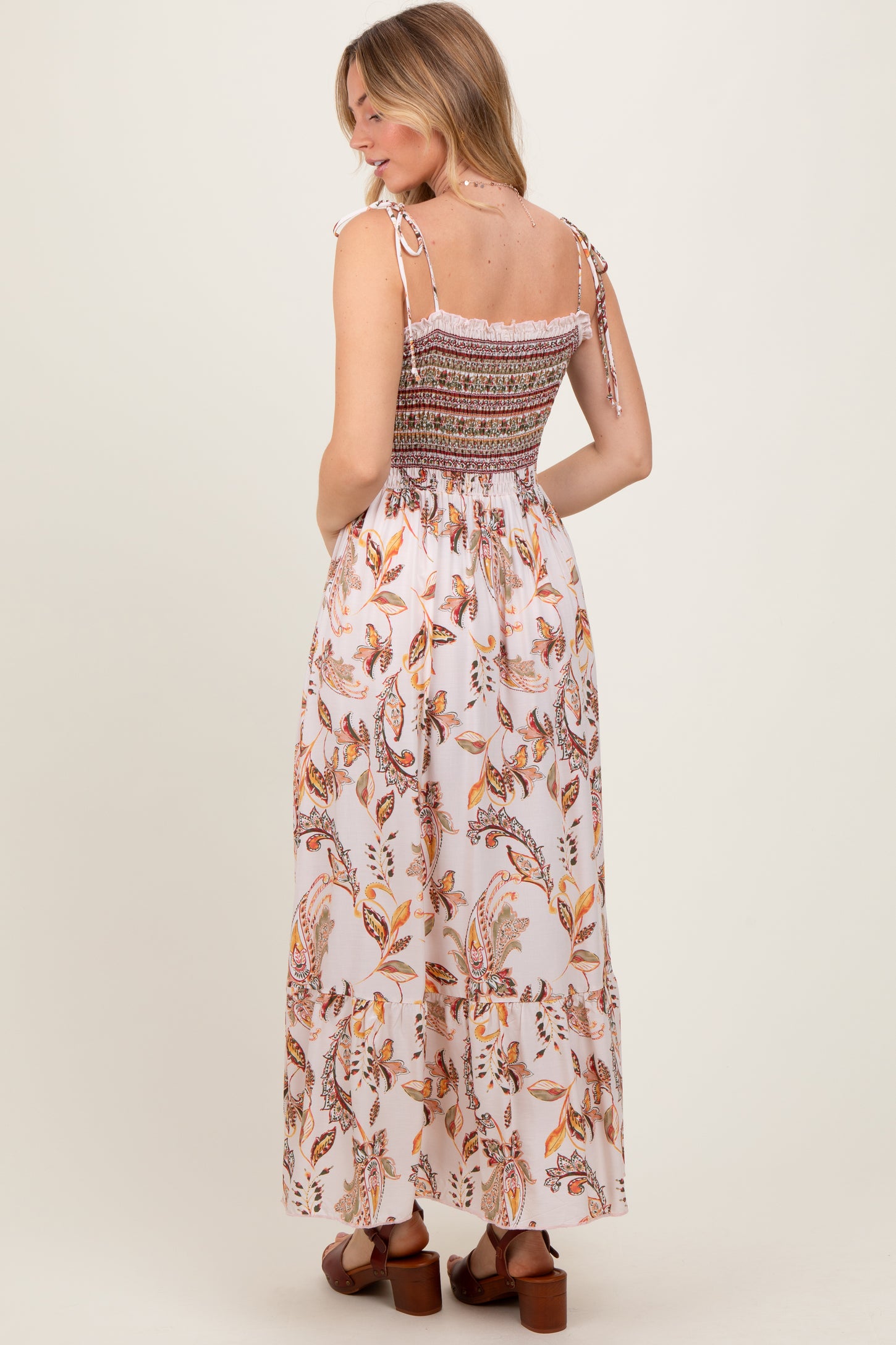 Ivory Paisley Shoulder Tie Smocked Maxi Dress PinkBlush Ivory Paisley Shoulder Tie Smocked Maxi Dress PinkBlush