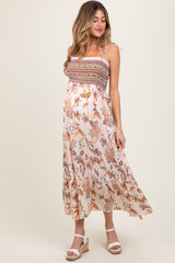 Ivory Paisley Shoulder Tie Smocked Maternity Maxi Dress