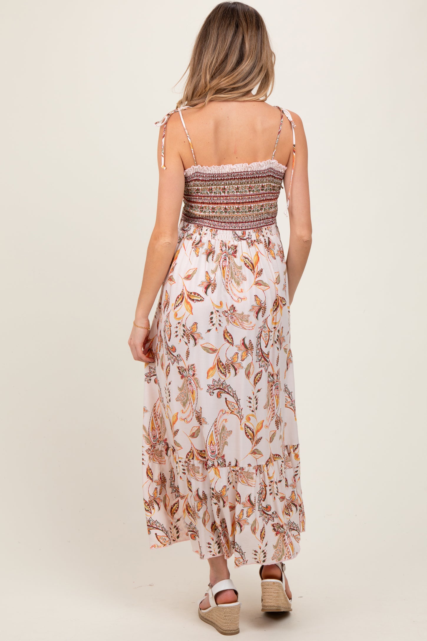 Ivory Paisley Shoulder Tie Smocked Maternity Maxi Dress