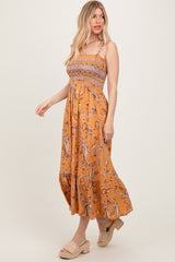 Peach Paisley Shoulder Tie Smocked Maxi Dress
