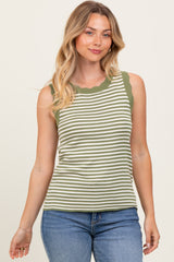 Olive Striped Knit Scallop Trim Sleeveless Top