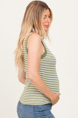Olive Striped Knit Scallop Trim Sleeveless Maternity Top
