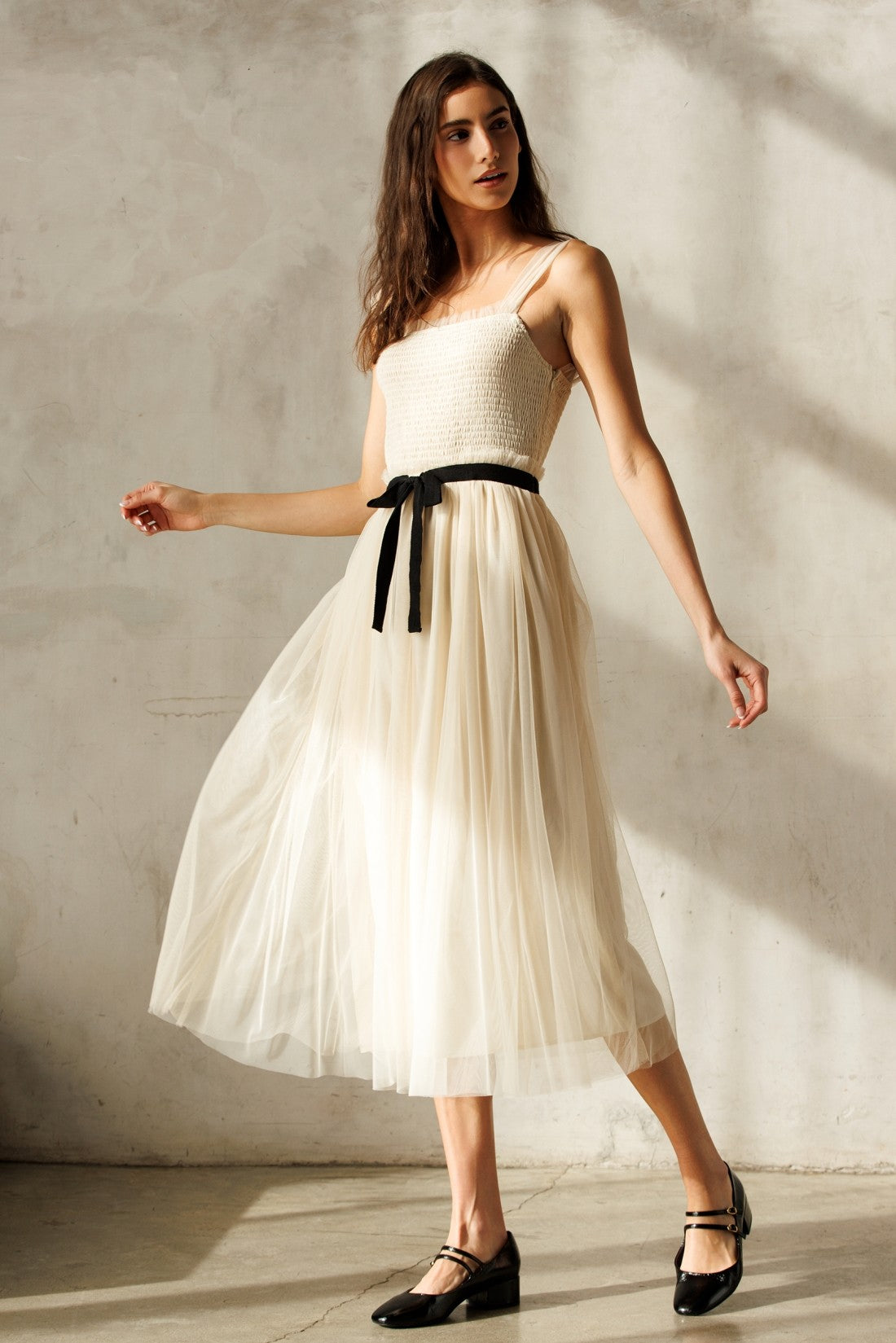 Cream Smocked Contrast Sash Ruffle Tulle Midi Dress PinkBlush Cream Smocked Contrast Sash Ruffle Tulle Midi Dress PinkBlush